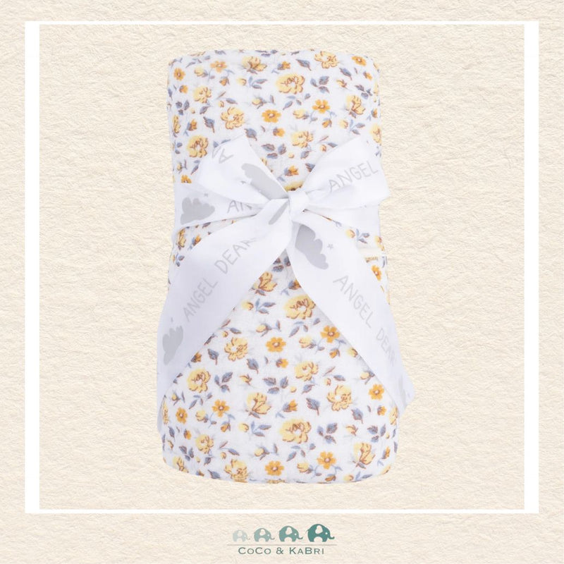 Angel Dear Yellow Country Roses swaddle blanket rolled and tied with a boutique ribbon for a warm, vintage-inspired floral gift presentation | Canada