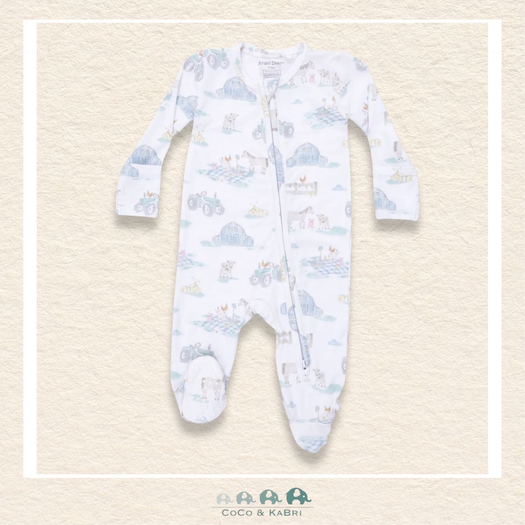 Front view of Angel Dear Farm Animal Party footie featuring a convenient 2-way zipper and playful animal illustrations | Canada