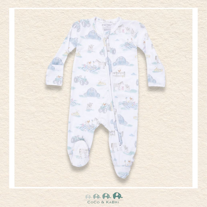 Front view of Angel Dear Farm Animal Party footie featuring a convenient 2-way zipper and playful animal illustrations | Canada
