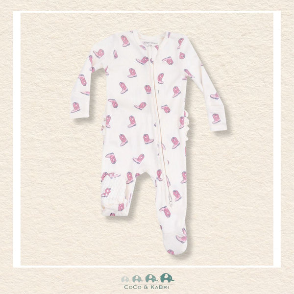 Front view of Angel Dear Petite Cowgirl Boots footie featuring a convenient 2-way zipper and dainty pink boot illustrations | Canada