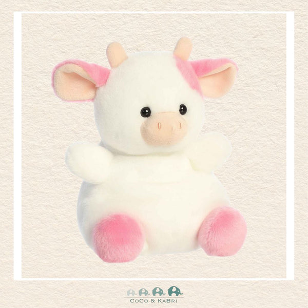 Aurora Palm Pals Party Sized Belle Strawberry Cow plush featuring soft pink and white spotted fur, tiny horns, and a sweet smiling expression | Canada