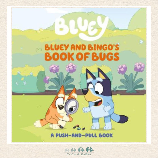 Bluey and Bingo's Book of Bugs interactive board book featuring Bluey and Bingo looking at garden insects with a movable push-and-pull slider tab