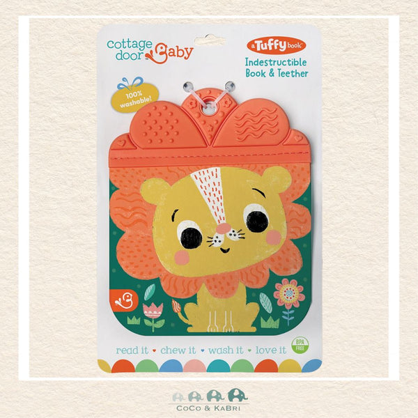 Brave Like a Lion Tuffy book featuring a friendly lion illustration and a built-in BPA-free teether for infants