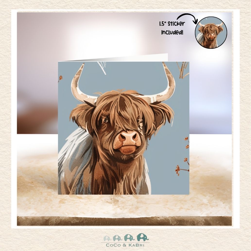 Card - 5" x 5" Card - Blue Highland Cow, CoCo & KaBri Children's Boutique