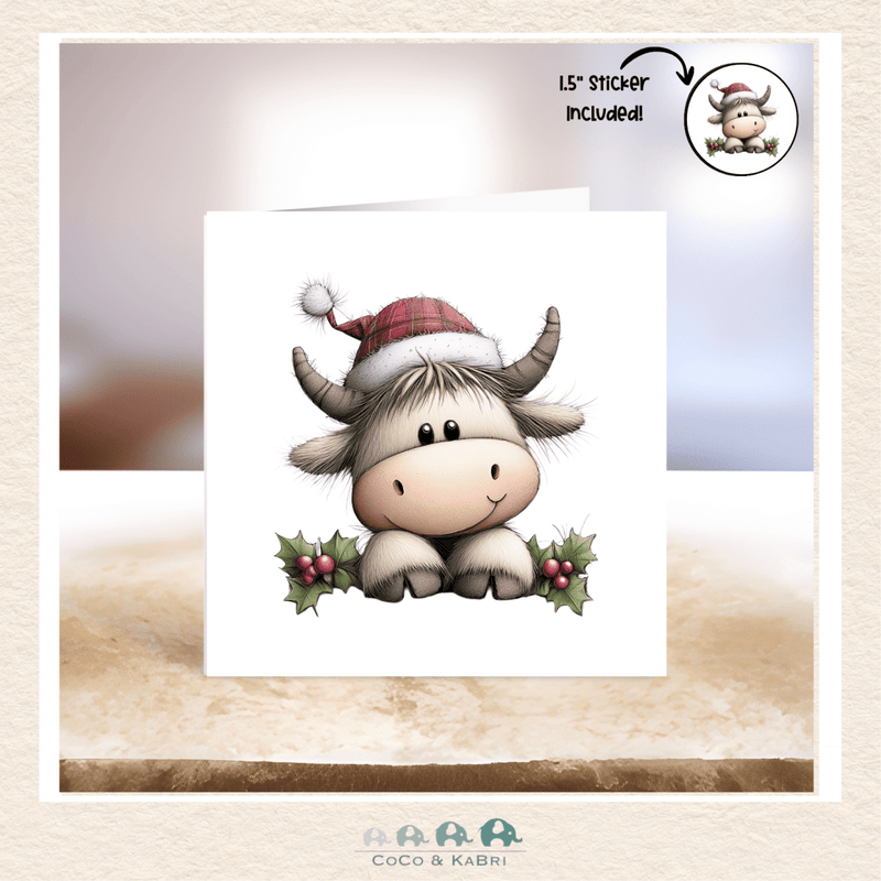 Card - 5" x 5" Card - Christmas Cow with Plaid Hat, CoCo & KaBri Children's Boutique