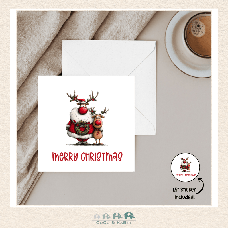 Card - 5" x 5" Card - Merry Christmas Santa & Reindeer, CoCo & KaBri Children's Boutique