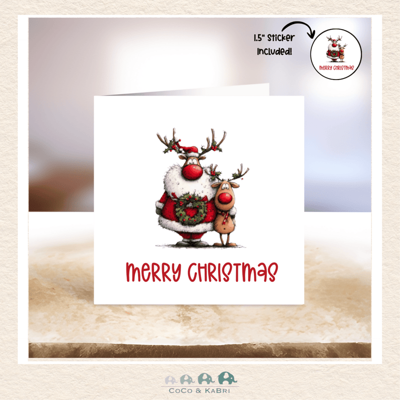 Card - 5" x 5" Card - Merry Christmas Santa & Reindeer, CoCo & KaBri Children's Boutique