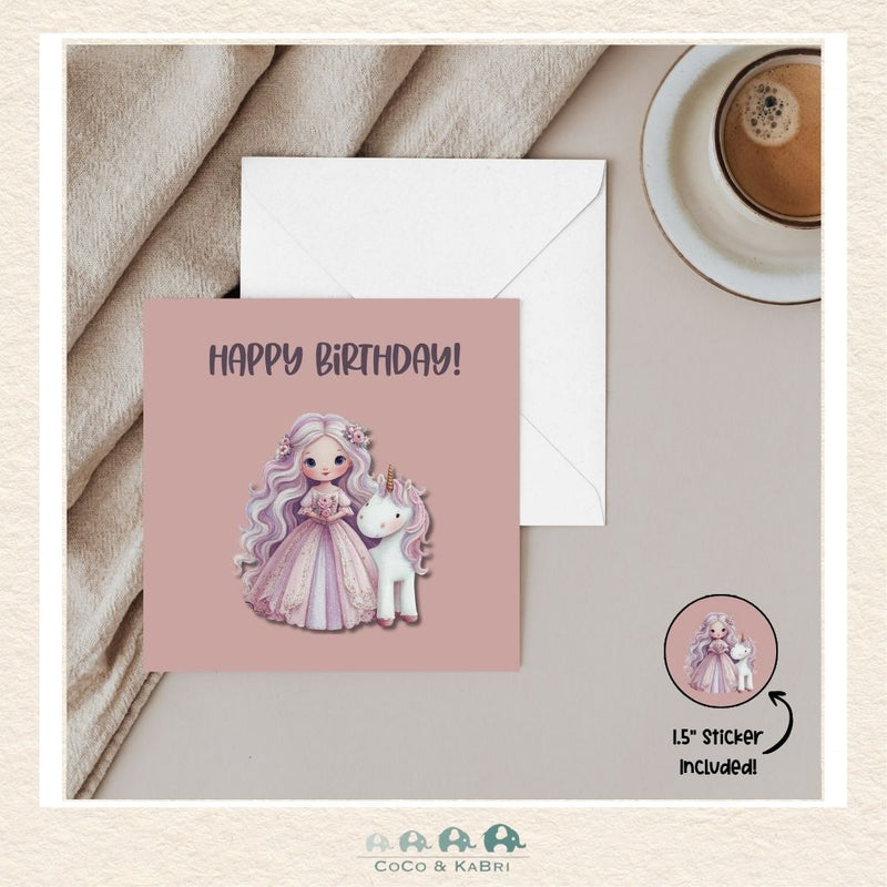 Card - 5" x 5": Purple Princess With Unicorn, CoCo & KaBri Children's Boutique