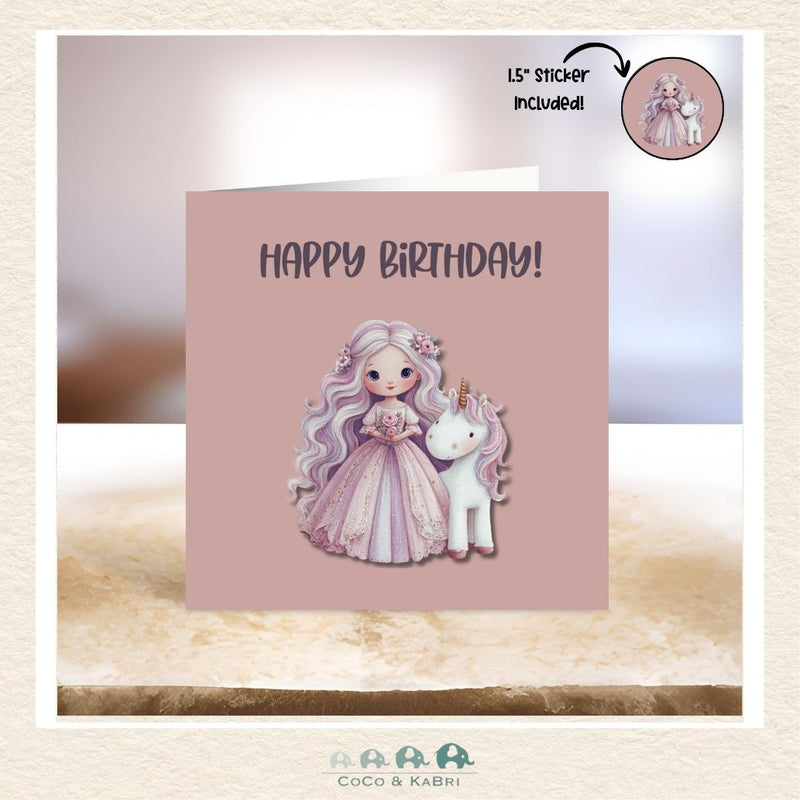 Card - 5" x 5": Purple Princess With Unicorn, CoCo & KaBri Children's Boutique