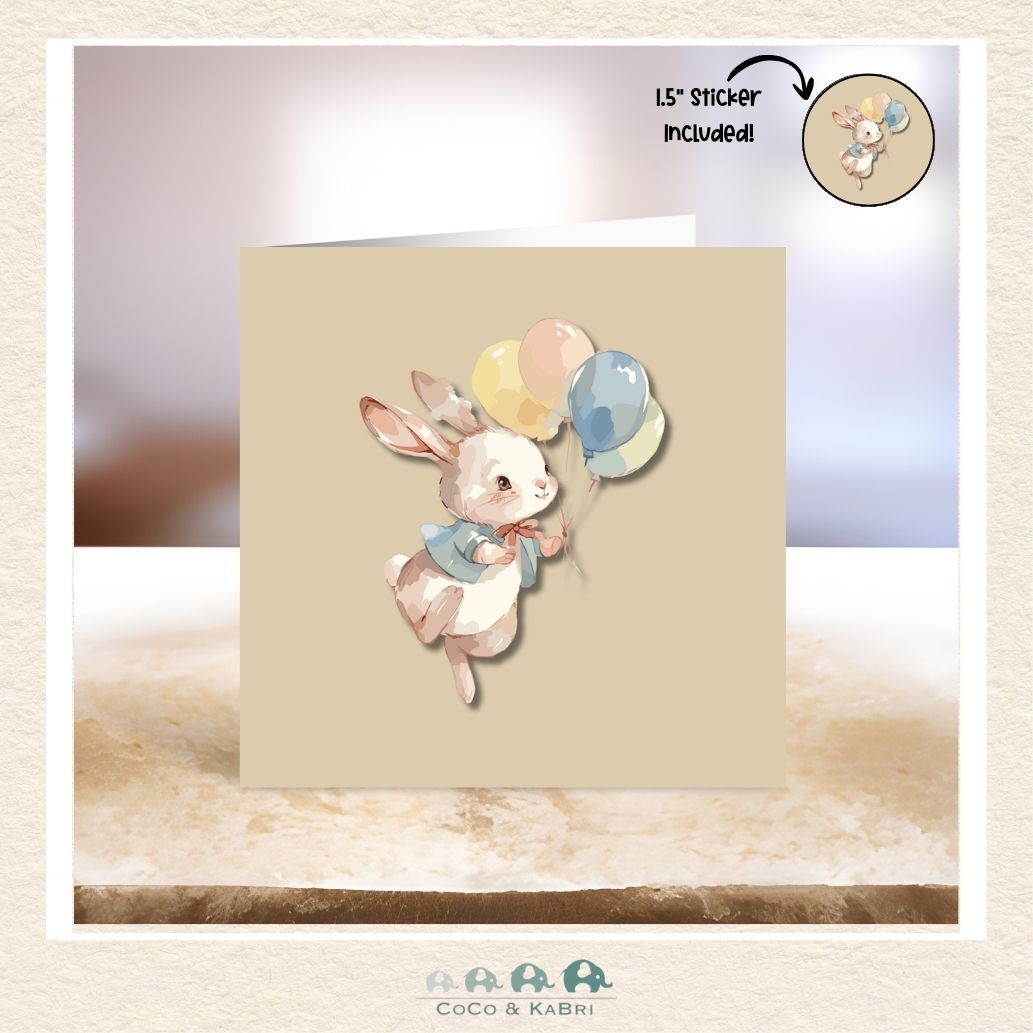 Card - 5" x 5": Rabbit With Balloons, CoCo & KaBri Children's Boutique