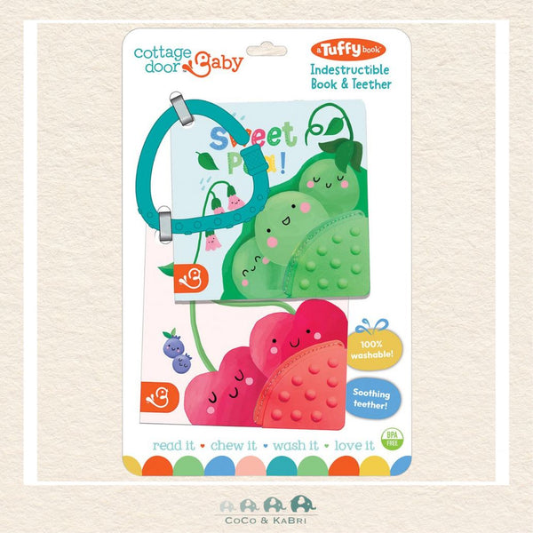 Cherry Cute and Sweet Pea Tuffy book set featuring fruit-themed illustrations and a built-in pink teether for babies
