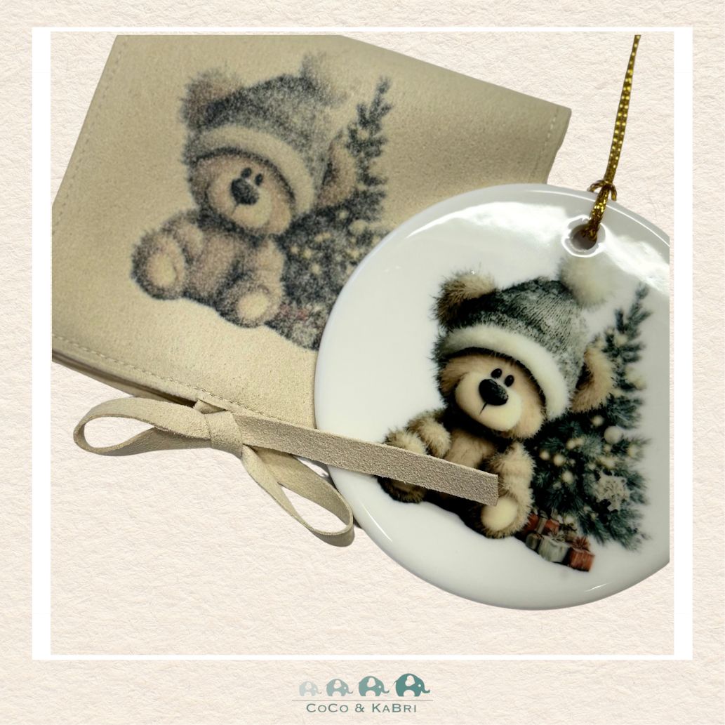 Christmas Ornament (Ceramic) - Teddy Bear with Gray Hat (Made to Order), CoCo & KaBri Children's Boutique