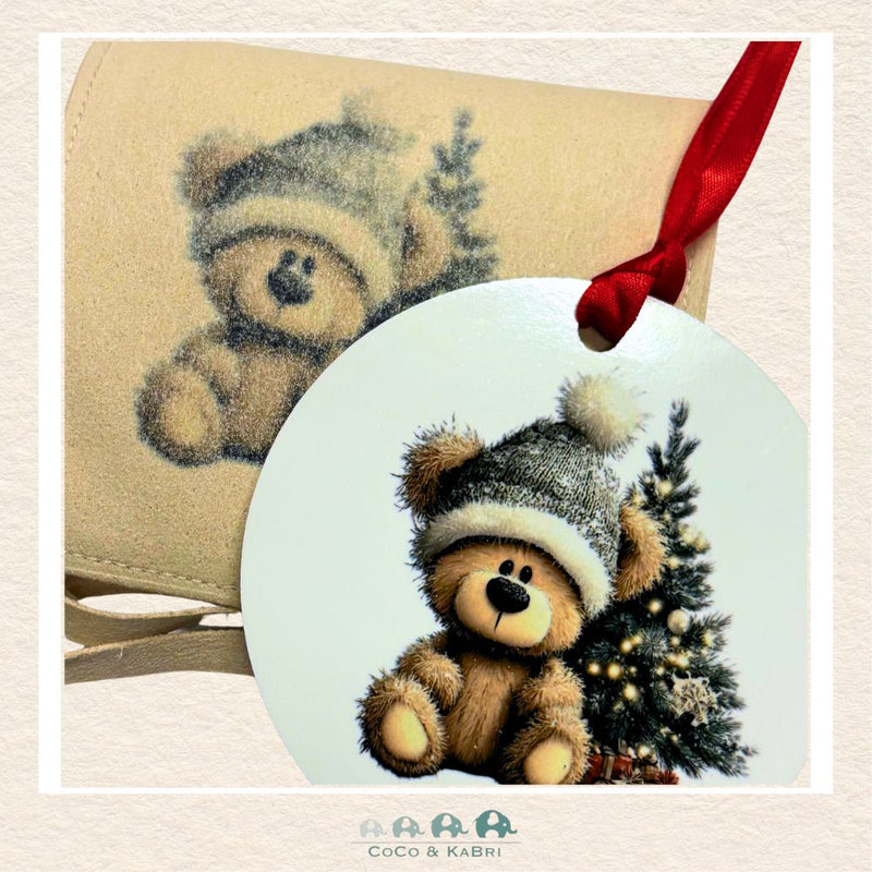 Christmas Ornament (MDF) - Teddy With Gray Hat (Made to Order), CoCo & KaBri Children's Boutique