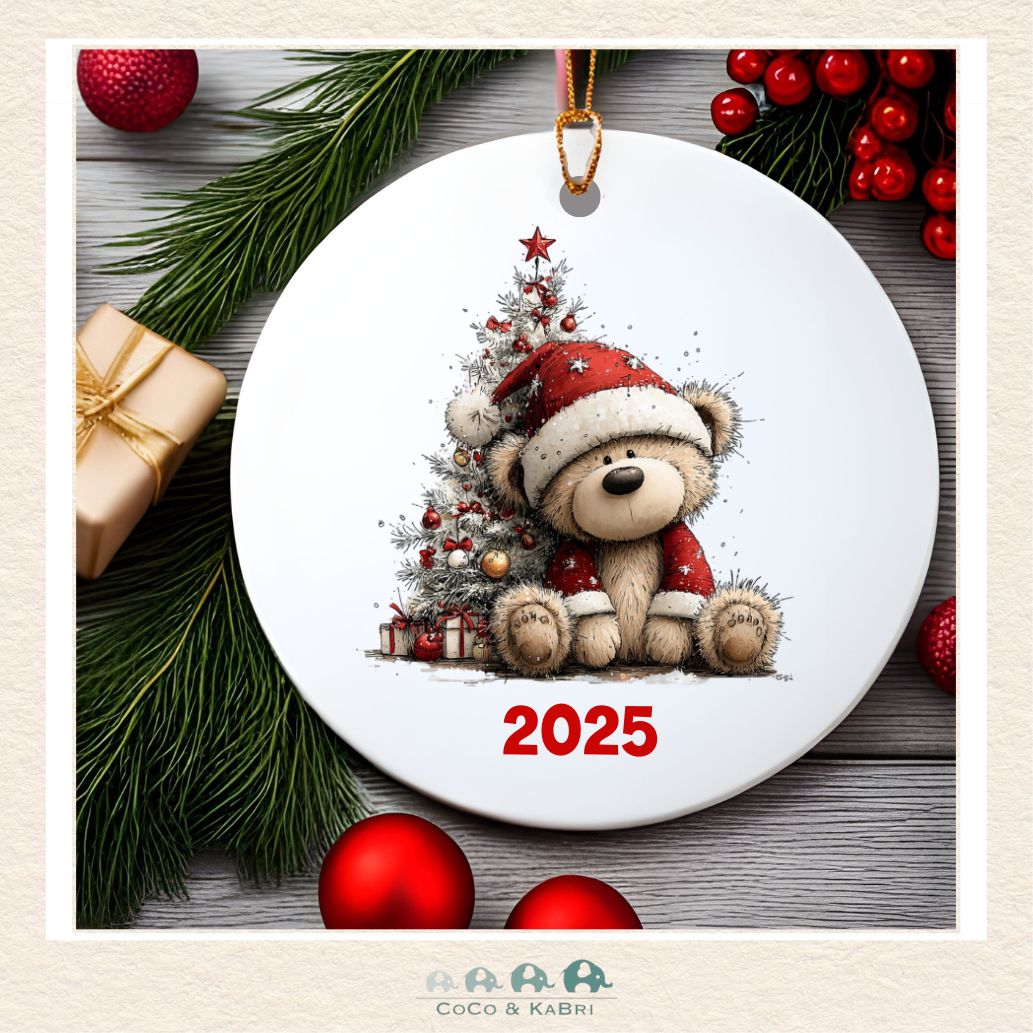 Christmas Ornament (MDF) - Teddy With Santa Hat (Made to Order), CoCo & KaBri Children's Boutique