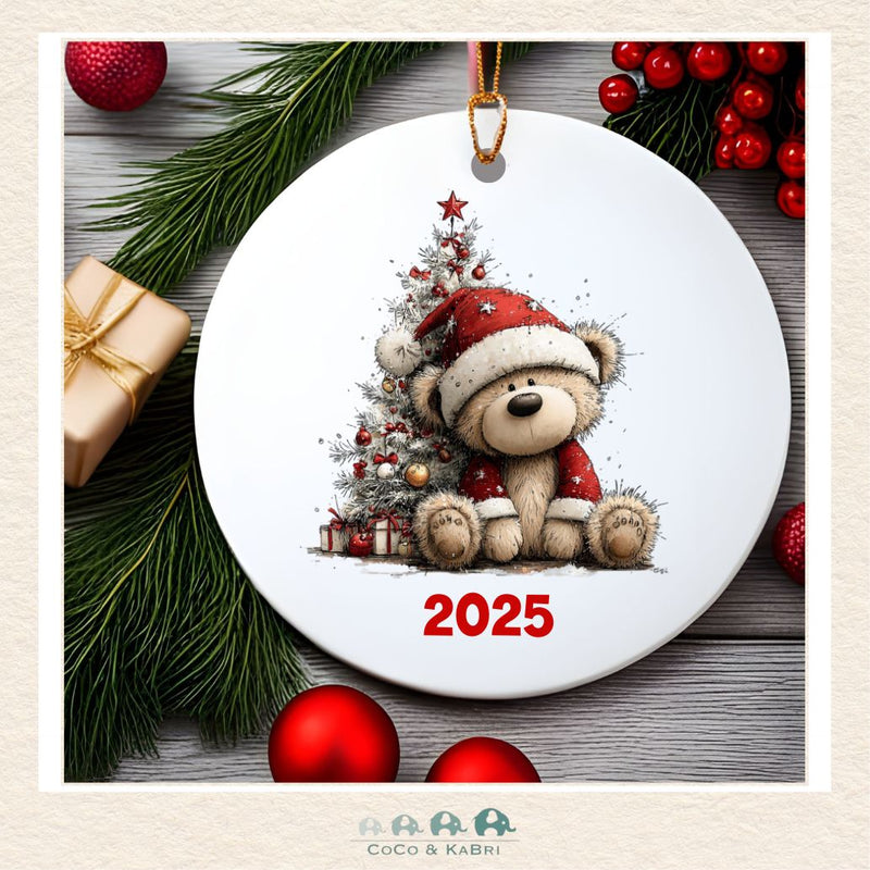 Christmas Ornament (MDF) - Teddy With Santa Hat (Made to Order), CoCo & KaBri Children's Boutique