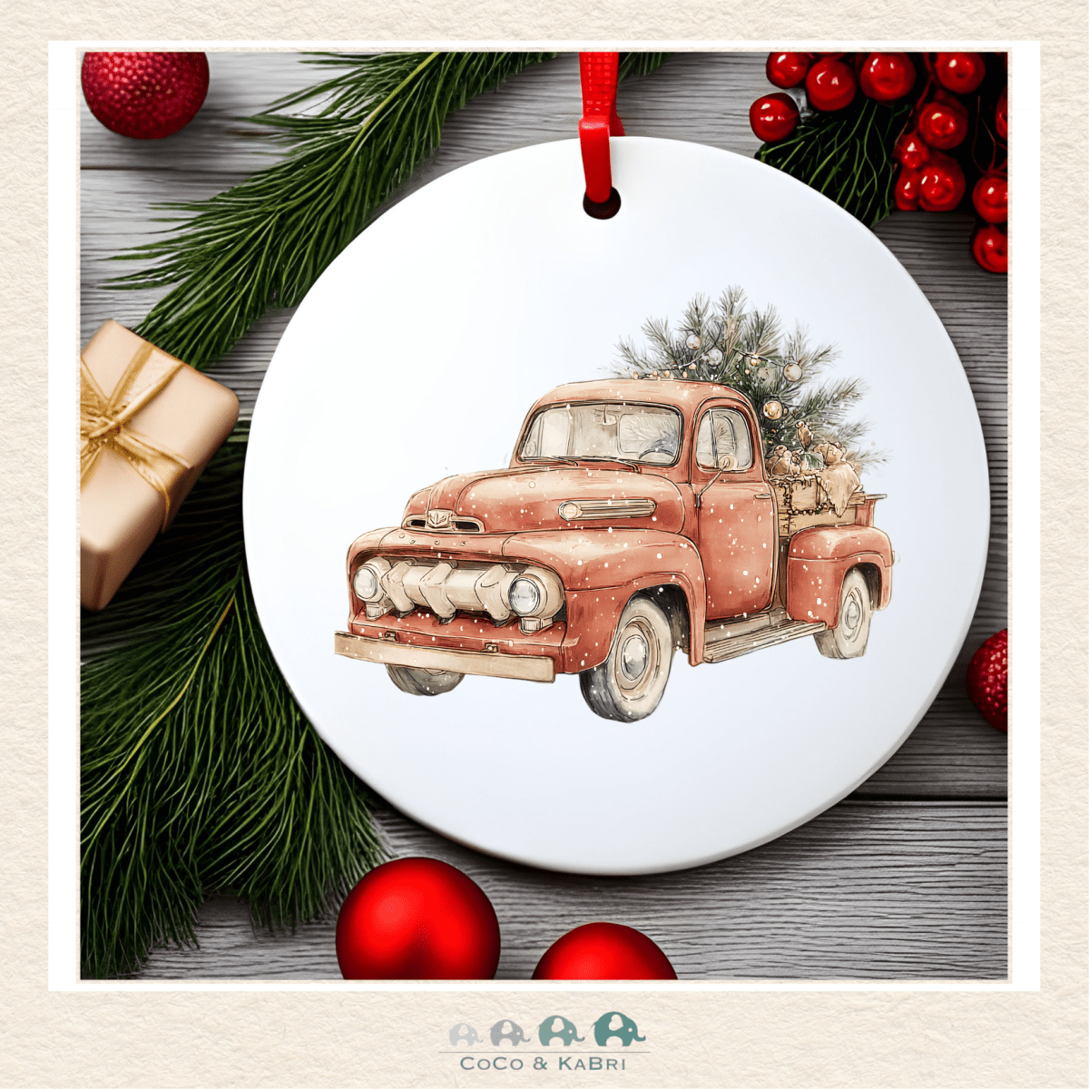 Christmas Ornament (MDF) - Vintage Red Truck (Made to Order), CoCo & KaBri Children's Boutique
