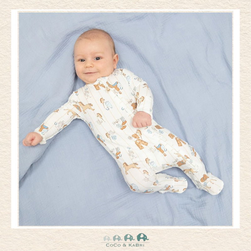 Angel Dear Cowboy Nursery Footie on infant showing the soft bamboo fit and hand-drawn Western heritage style | Canada