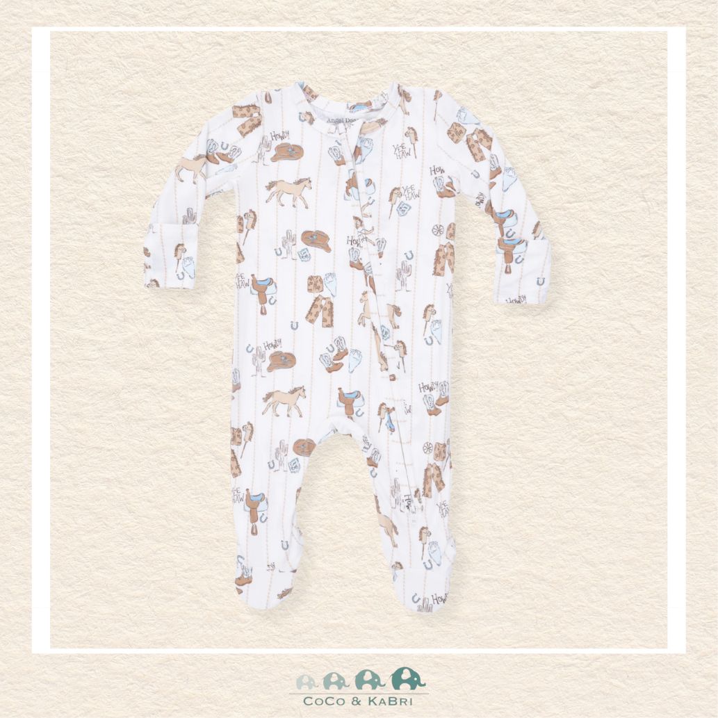 Front view of Angel Dear Cowboy Nursery footie featuring a convenient 2-way zipper and charming ranch-themed illustrations | Canada