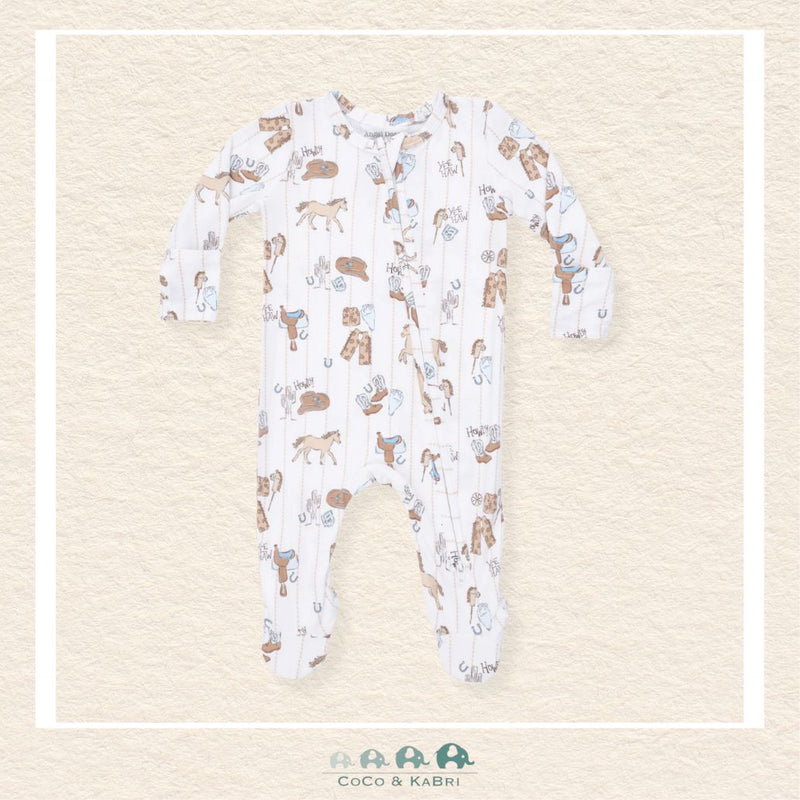 Front view of Angel Dear Cowboy Nursery footie featuring a convenient 2-way zipper and charming ranch-themed illustrations | Canada