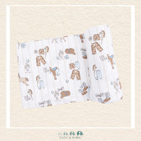 Angel Dear Cowboy Nursery swaddle blanket rolled out showing the generous size and traditional hand-drawn cowboy icons on soft, breathable bamboo | Canada