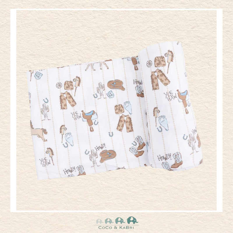Angel Dear Cowboy Nursery swaddle blanket rolled out showing the generous size and traditional hand-drawn cowboy icons on soft, breathable bamboo | Canada