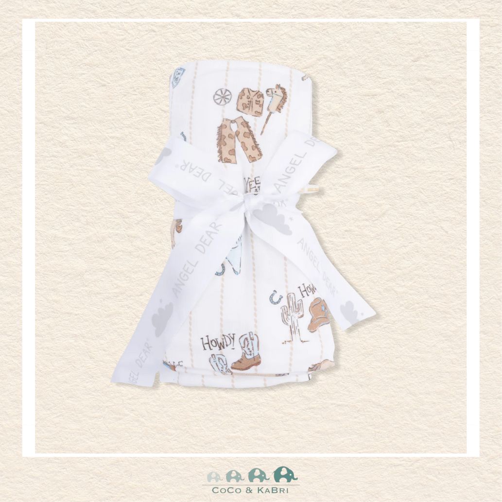 Angel Dear Cowboy Nursery swaddle blanket rolled and tied with a boutique ribbon for a classic ranch-themed gift presentation | Canada