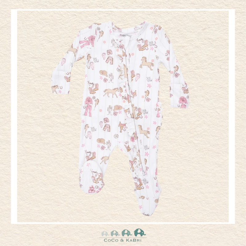 Front view of Cowgirl Nursery footie featuring a delicate ruffle trim and a convenient 2-way zipper for easy changes | Canada