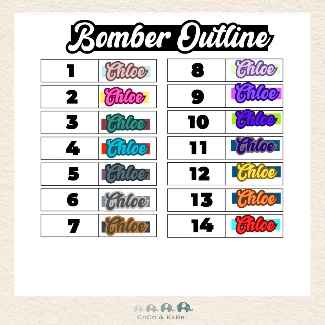 Custom Name Sticker - Bomber Outline Font, CoCo & KaBri Children's Boutique
