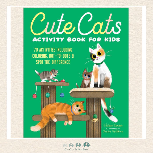 Cute Cats Activity Book for Kids featuring a colorful cover and cat-themed puzzles like mazes and dot-to-dots