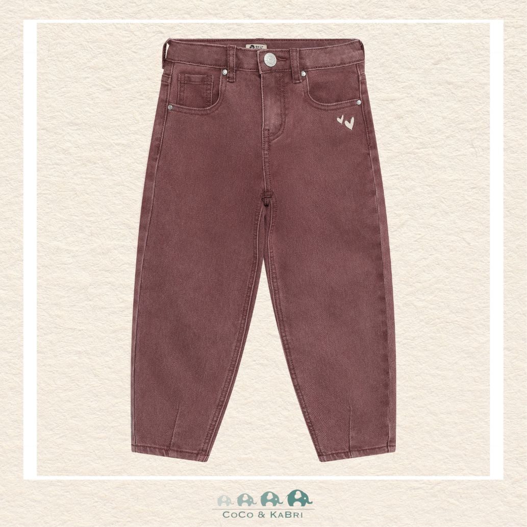 Front view of the Daily7 Girl's Barrel Fit Denim Jeans in a rich chocolate brown featuring a trendy curved leg silhouette and a comfortable high-rise waist