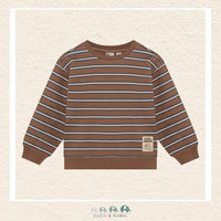 Front view of the Daily7 Boys' Sweatshirt featuring a classic horizontal stripe pattern in rich brown and neutral tones with a comfortable crew neckline