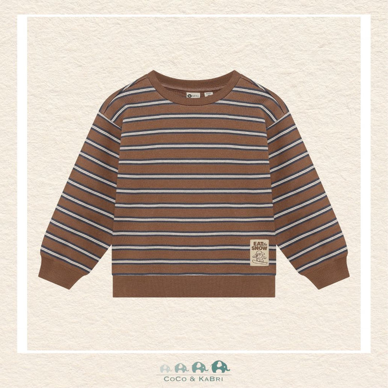 Front view of the Daily7 Boys' Sweatshirt featuring a classic horizontal stripe pattern in rich brown and neutral tones with a comfortable crew neckline