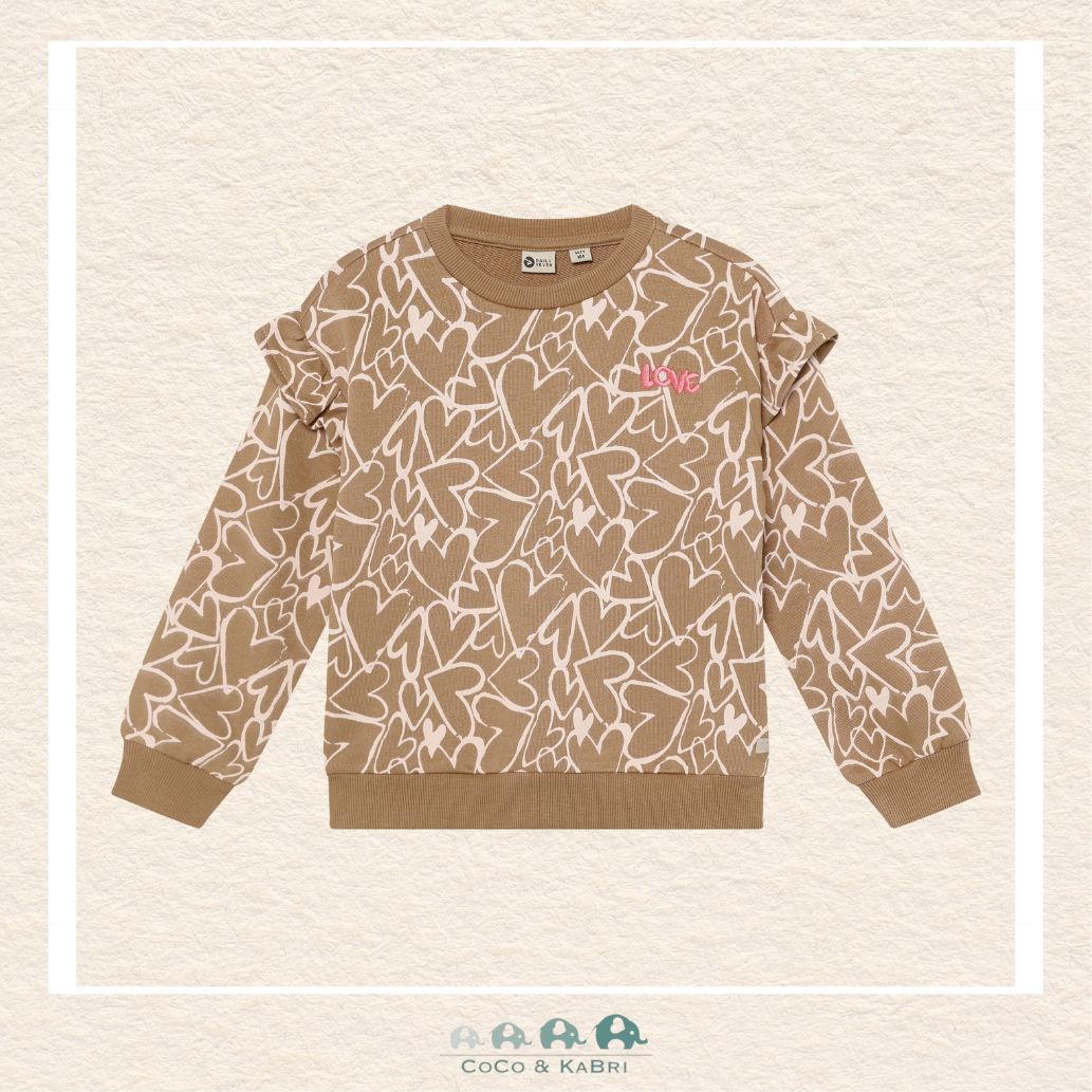 Front view of the Daily7 Girl's Sweatshirt in a rich chocolate brown featuring a large, charming heart design on the chest and a cozy crew neckline