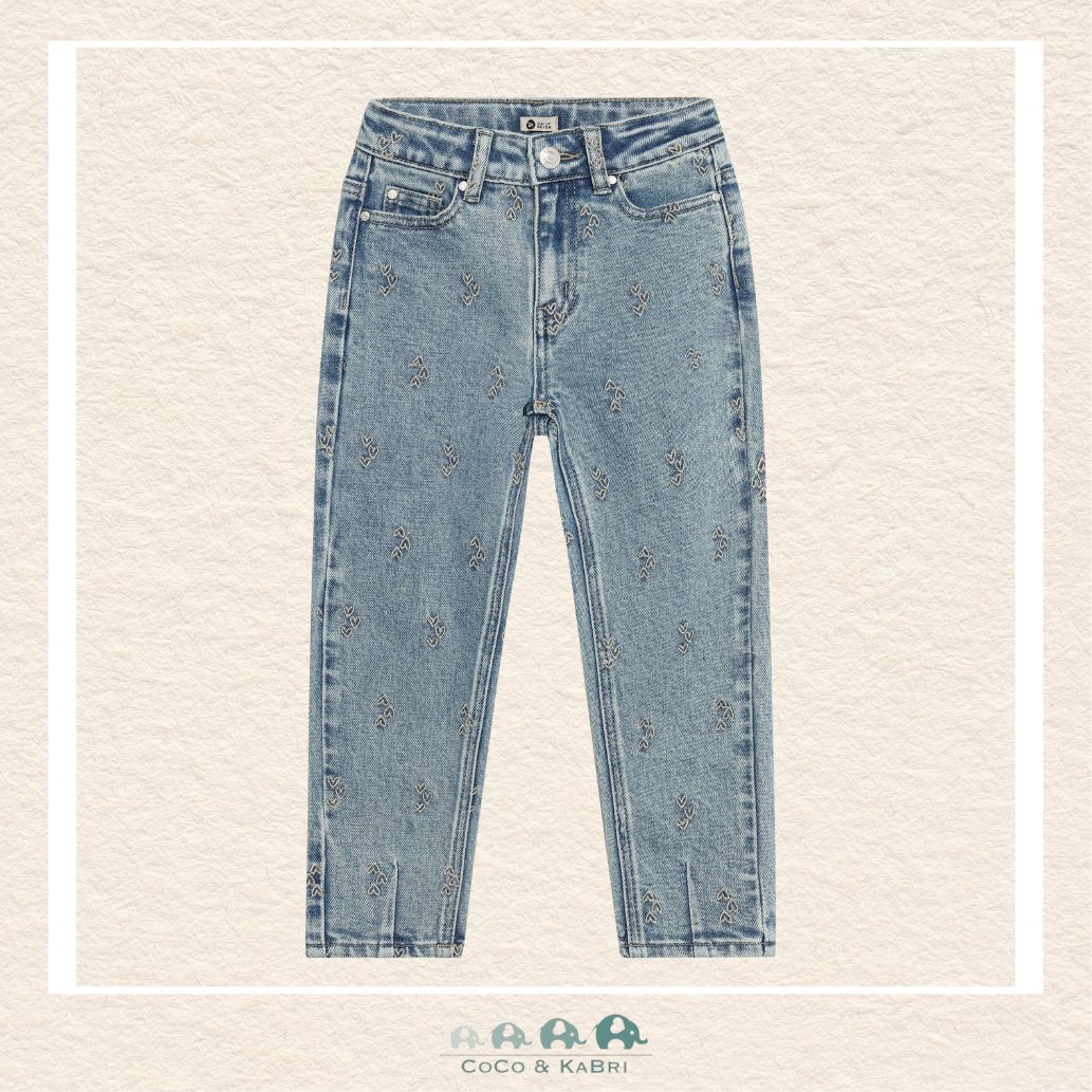 Front view of the Daily7 Girl's Mom Fit Denim Jeans featuring a relaxed tapered leg and charming heart embroidery details
