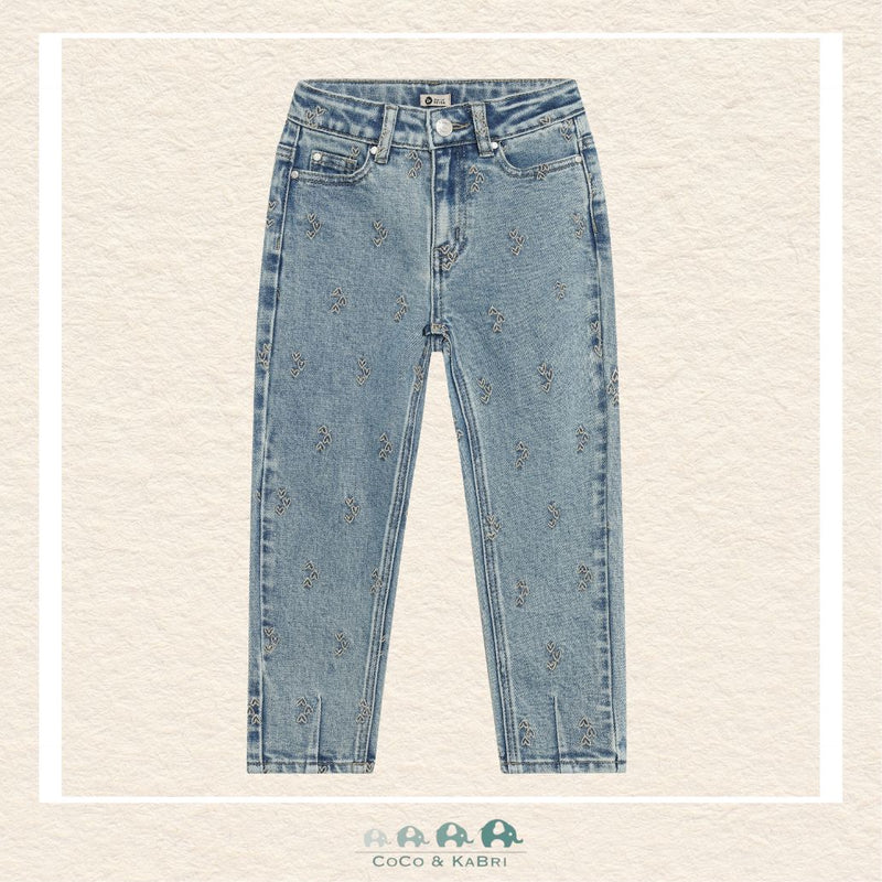 Front view of the Daily7 Girl's Mom Fit Denim Jeans featuring a relaxed tapered leg and charming heart embroidery details