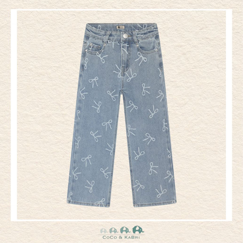 Front view of the Daily7 Girl's Wide Fit Denim Jeans featuring a trendy wide-leg silhouette and charming bow design details