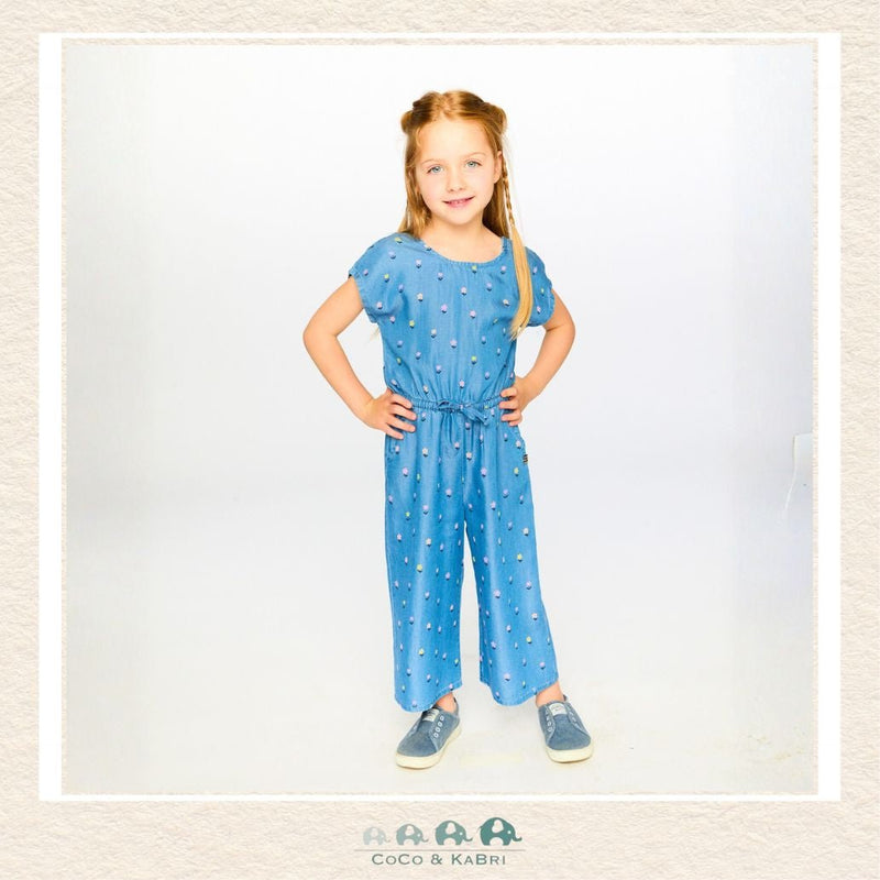 🇨🇦 Deux Par Deux: Chambray Jumpsuit Blue Flower Print, Little girl wearing the outfit, front view, CoCo & KaBri Children's Boutique, Canada
