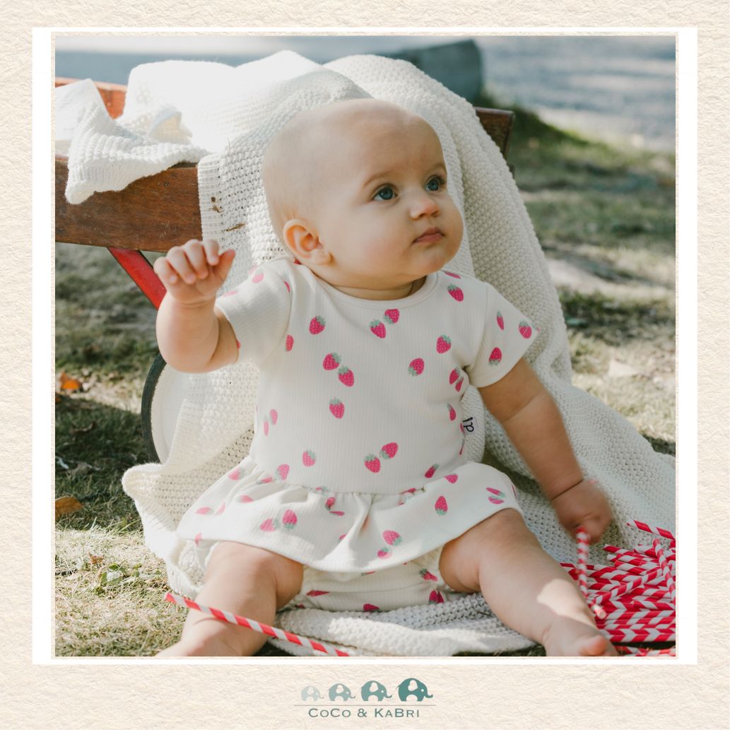 🇨🇦 Deux Par Deux Cotton Rib Jersey Top and Short Set White Printed Strawberries, Little Baby wearing outfit, CoCo & KaBri Children's Boutique, , Brooks Alberta Canada