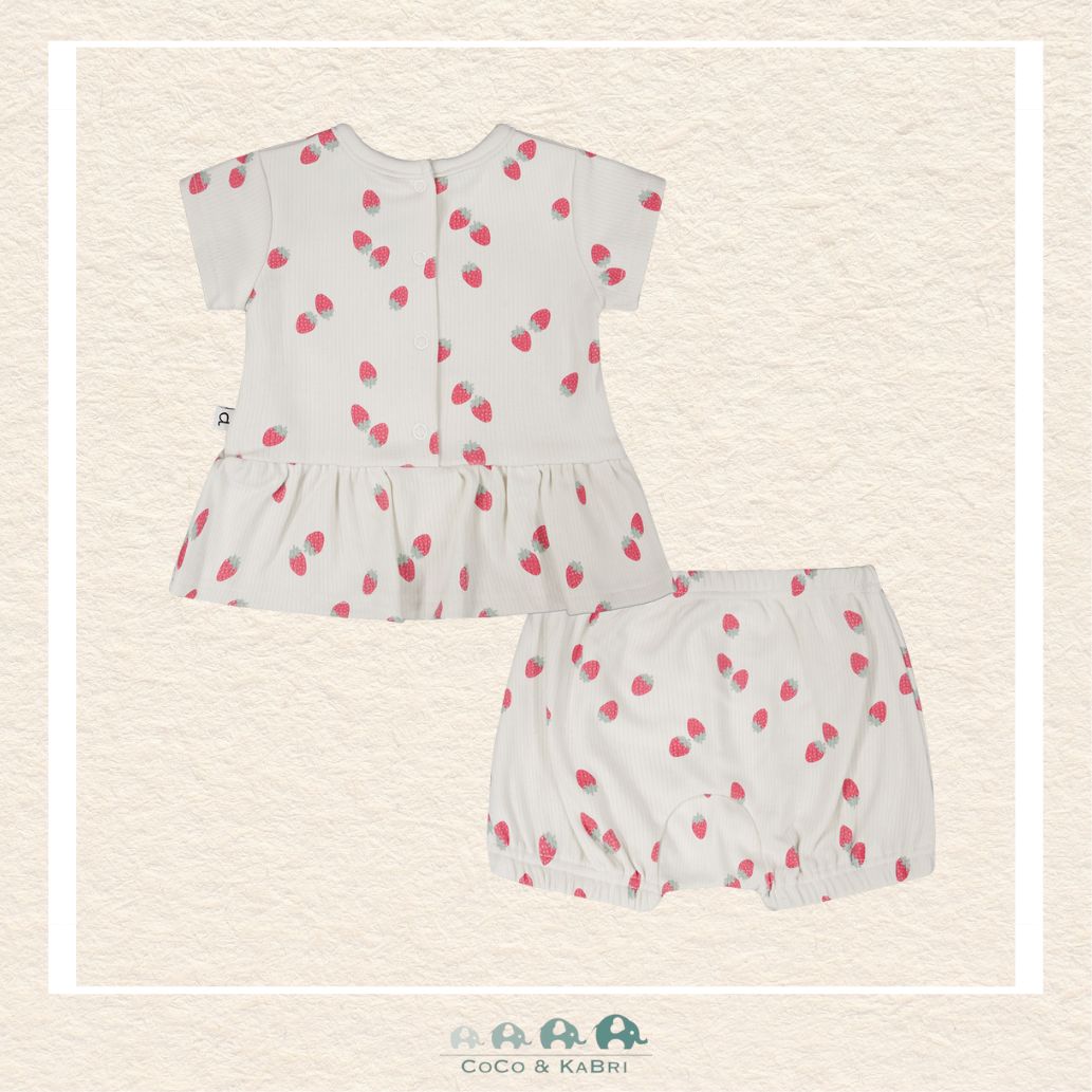 🇨🇦 Deux Par Deux Cotton Rib Jersey Top and Short Set White Printed Strawberries, Back view of outfit, CoCo & KaBri Children's Boutique, , Brooks Alberta Canada