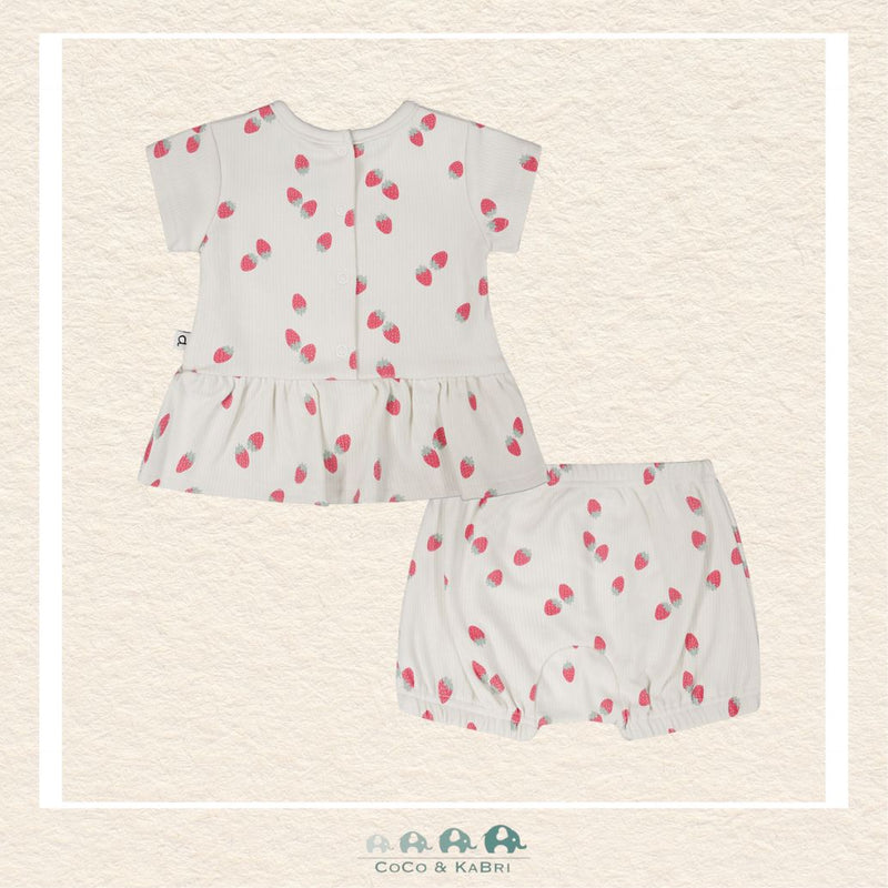 🇨🇦 Deux Par Deux Cotton Rib Jersey Top and Short Set White Printed Strawberries, Back view of outfit, CoCo & KaBri Children's Boutique, , Brooks Alberta Canada