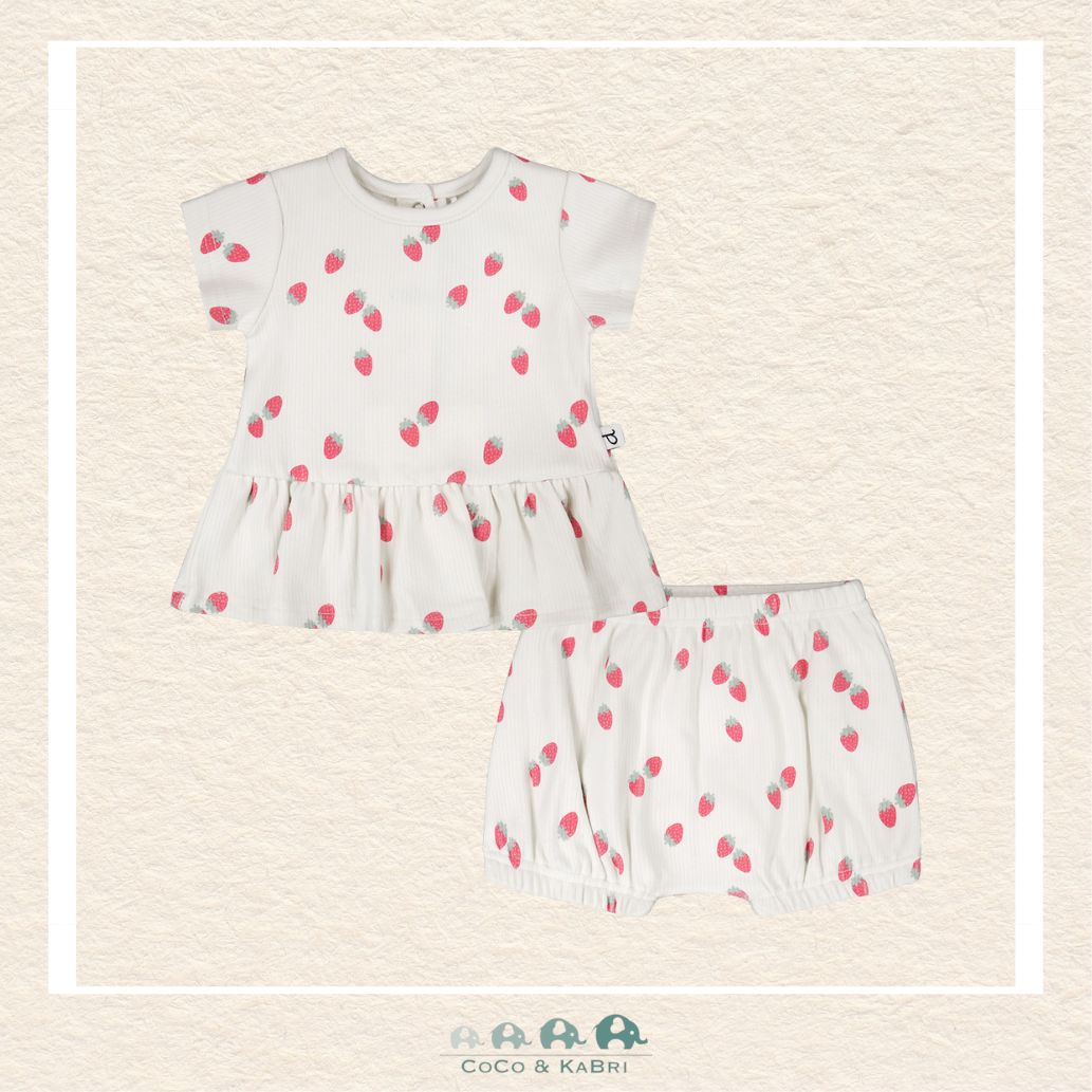 🇨🇦 Deux Par Deux Cotton Rib Jersey Top and Short Set White Printed Strawberries, Front View of outfit, CoCo & KaBri Children's Boutique, , Brooks Alberta Canada