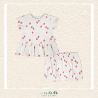 🇨🇦 Deux Par Deux Cotton Rib Jersey Top and Short Set White Printed Strawberries, Front View of outfit, CoCo & KaBri Children's Boutique, , Brooks Alberta Canada