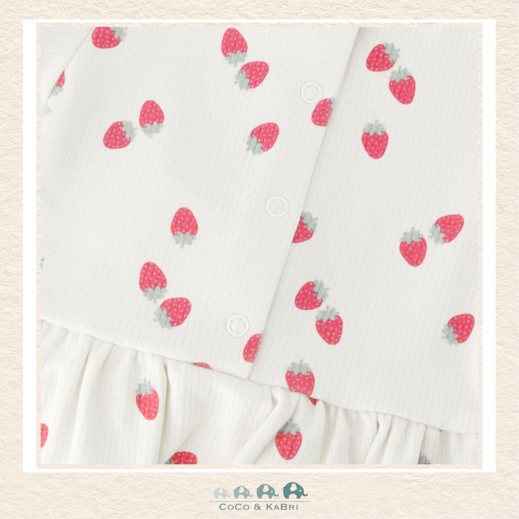 🇨🇦 Deux Par Deux Cotton Rib Jersey Top and Short Set White Printed Strawberries, close up of pattern, CoCo & KaBri Children's Boutique, , Brooks Alberta Canada