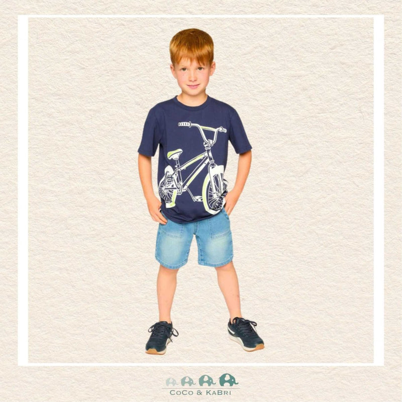 🇨🇦 Deux Par Deux: French Terry LIght Blue Denim Shorts on a boy wearing blue bike top, CoCo & KaBri Children's Boutique, Brooks Alberta Canada
