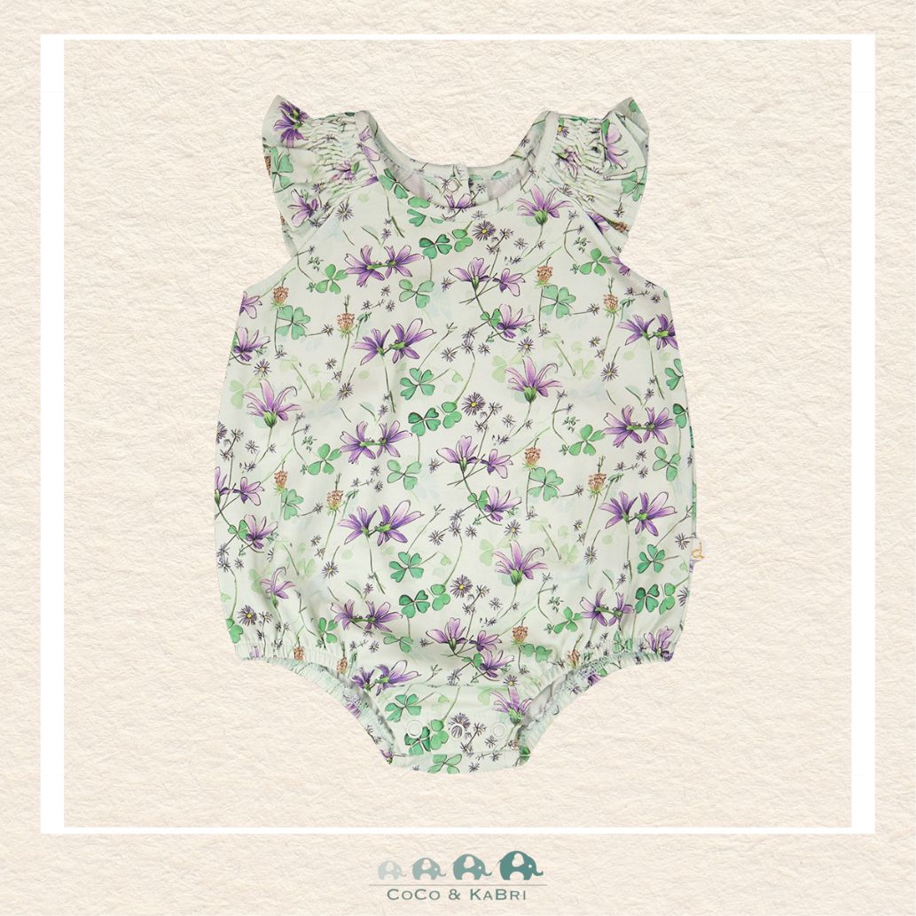 🇨🇦 Deux Par Deux: Jersey Romper Green Printed Flowers, Front View, CoCo & KaBri Children's Boutique, , Brooks Alberta Canada