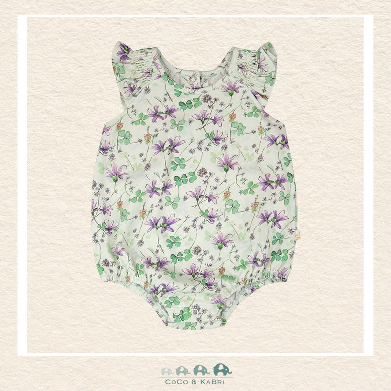 🇨🇦 Deux Par Deux: Jersey Romper Green Printed Flowers, Front View, CoCo & KaBri Children's Boutique, , Brooks Alberta Canada