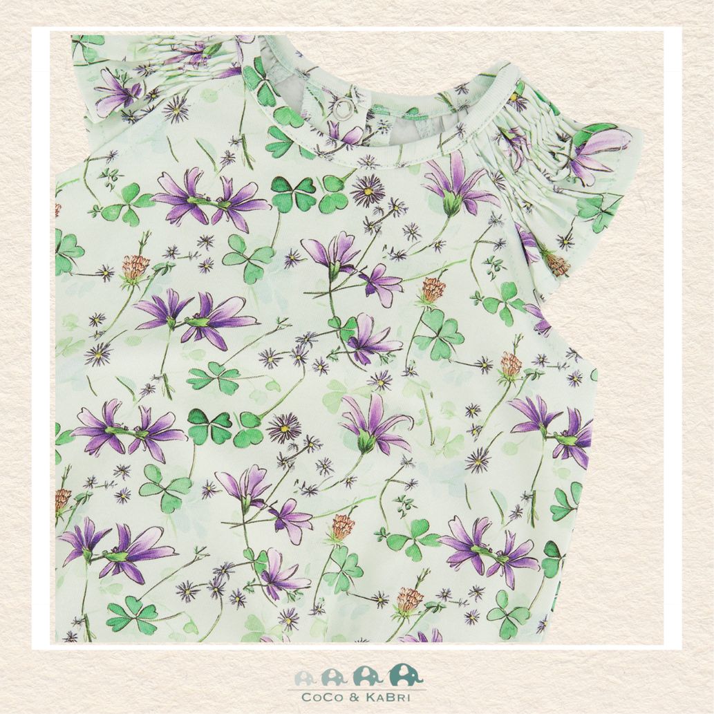 🇨🇦 Deux Par Deux: Jersey Romper Green Printed Flowers, Close up of pattern, CoCo & KaBri Children's Boutique, , Brooks Alberta Canada