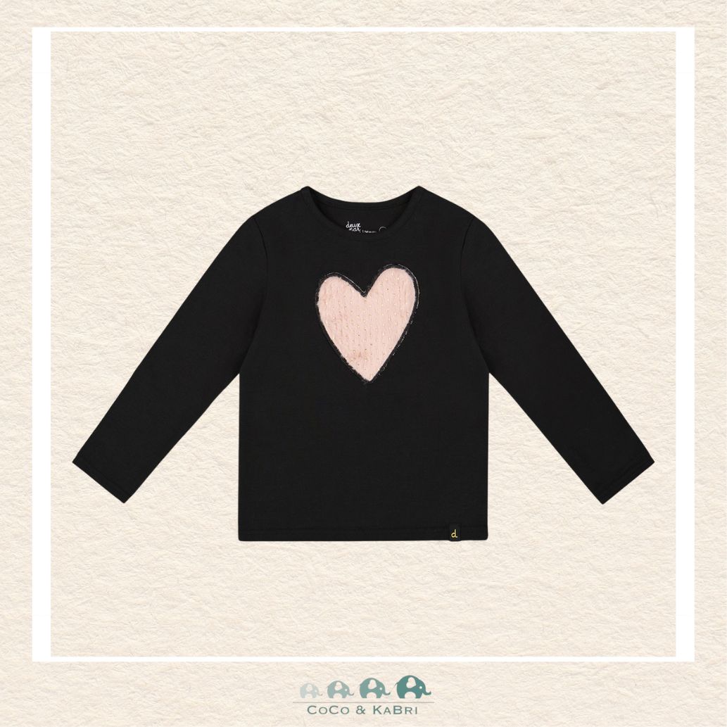 🇨🇦 Deux Par Deux Long Sleeve Cotton Tshirt - Black with Pink Heart, CoCo & KaBri Children's Boutique