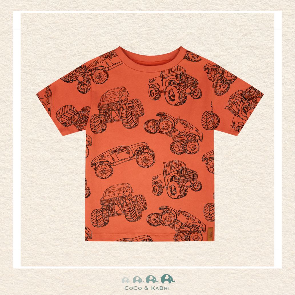 🇨🇦 Deux Par Deux: Organic Cotton Jersey T-Shirt Orange Printed Trucks, CoCo & KaBri Children's Boutique