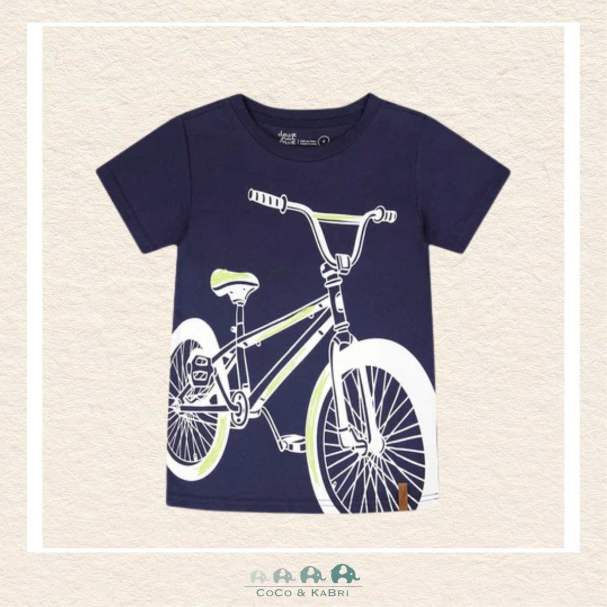 🇨🇦 Deux Par Deux: Organic Cotton Jersey T-Shirt With Bike Print Dark Blue, CoCo & KaBri Children's Boutique, Brooks Alberta Canada